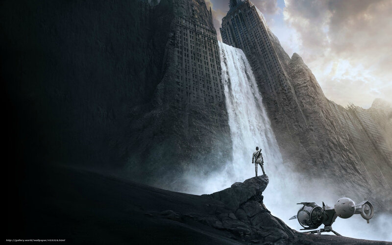 Futuristic cityscape with waterfall