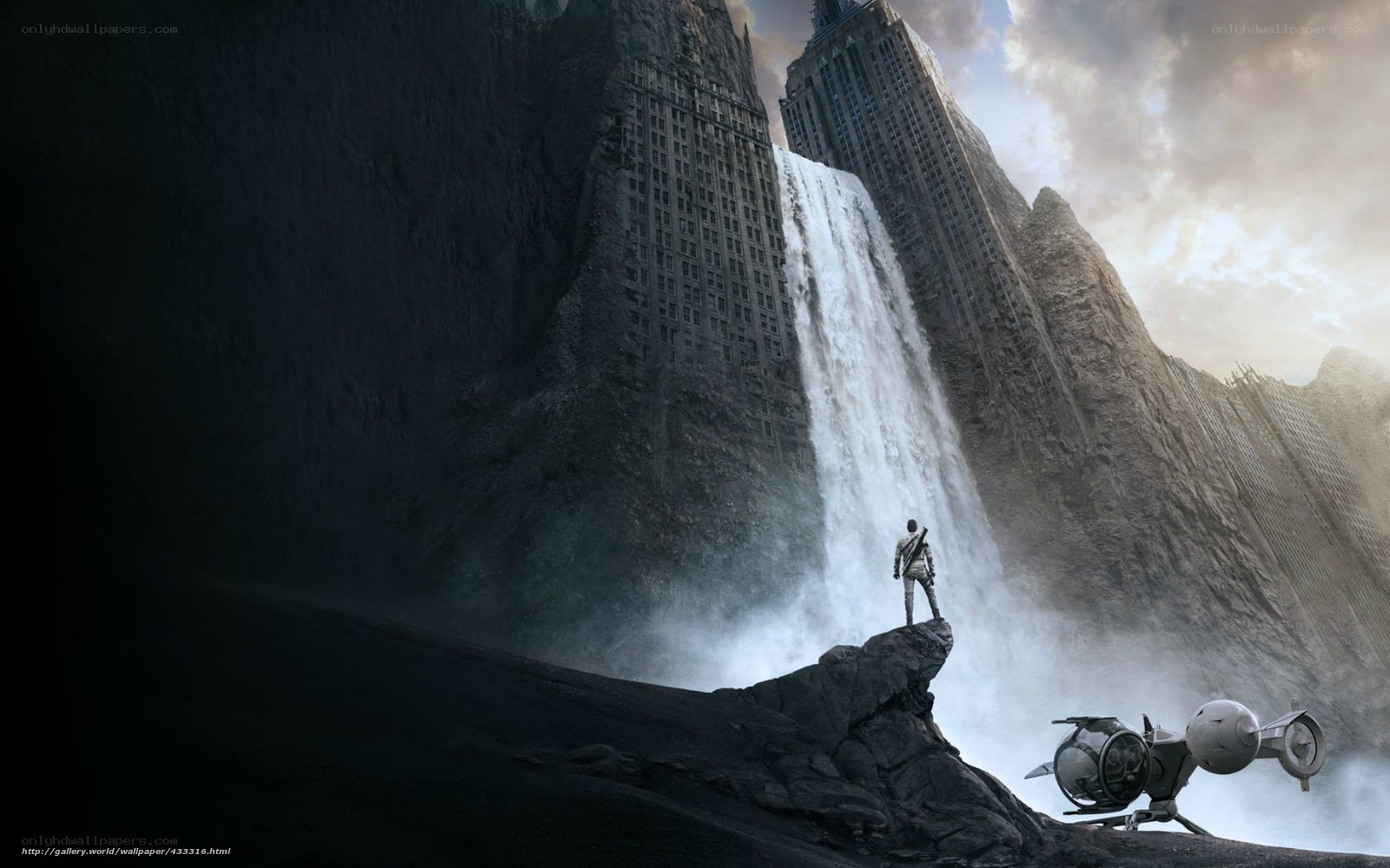 Futuristic cityscape with waterfall