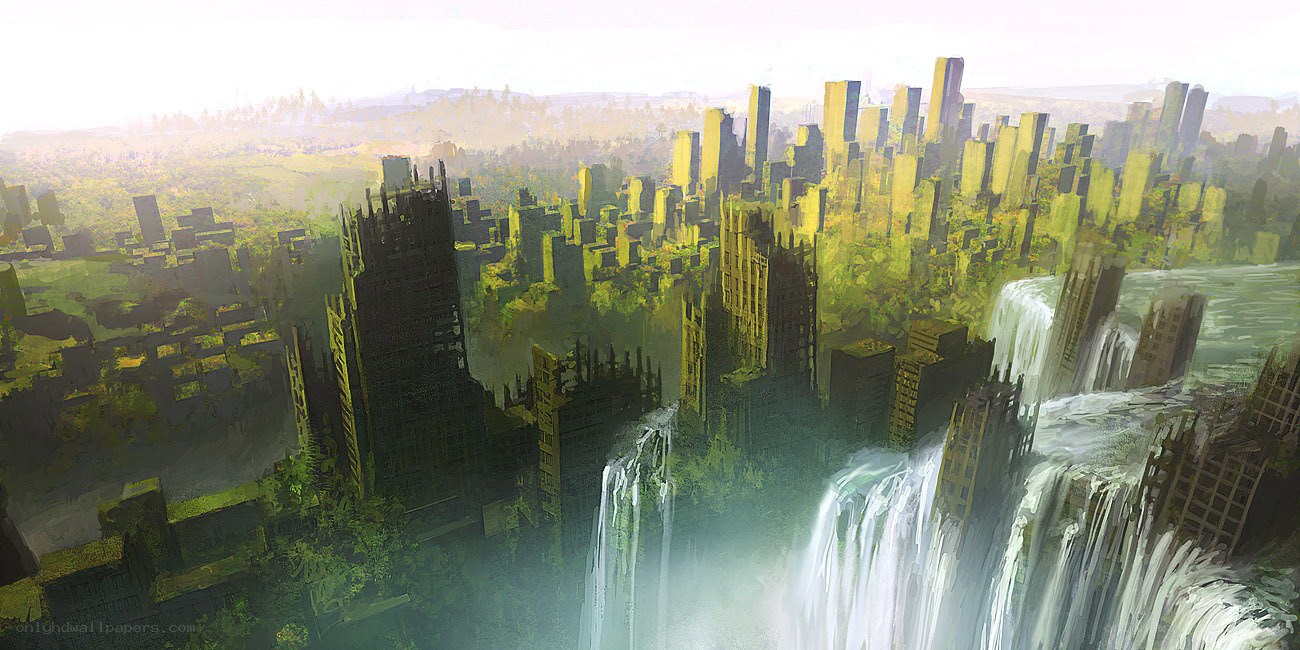 futuristic cityscape with waterfalls