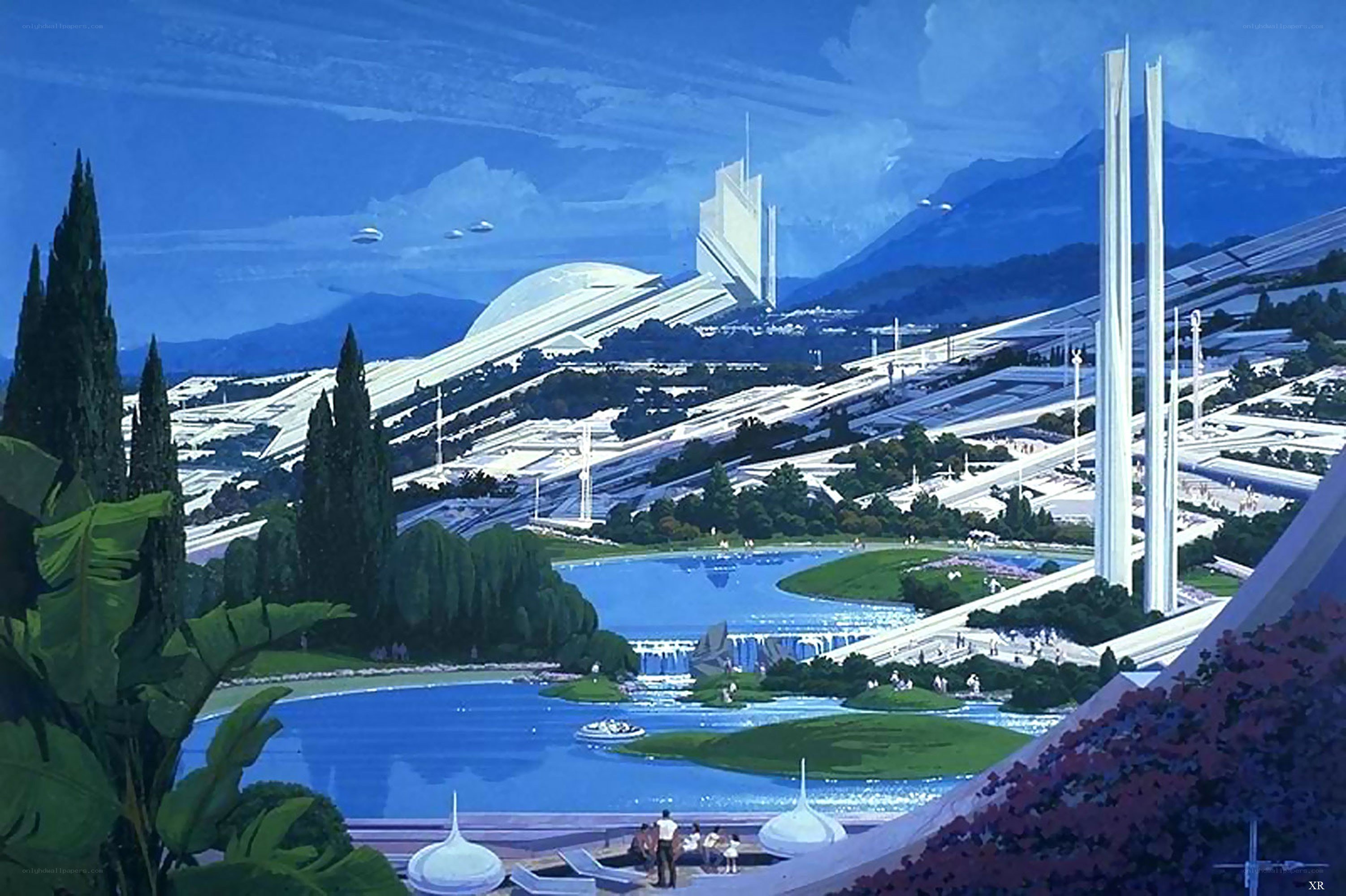 futuristic cityscape with waterfalls