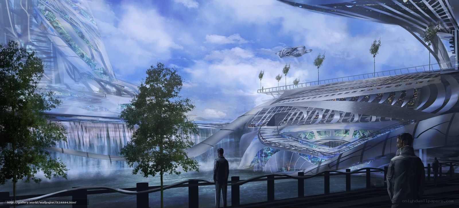 Futuristic cityscape with waterfalls