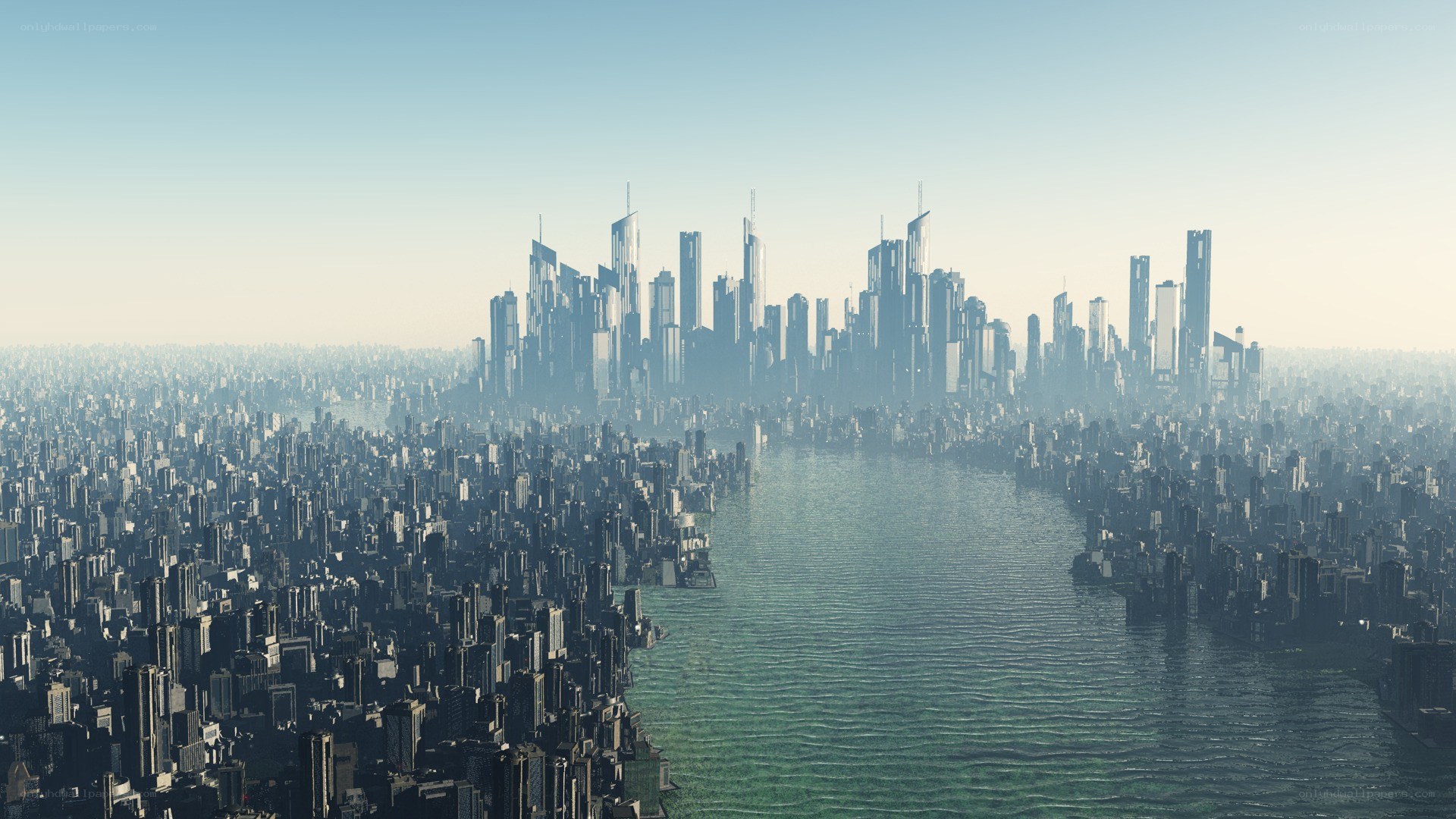 futuristic cityscape with waterway