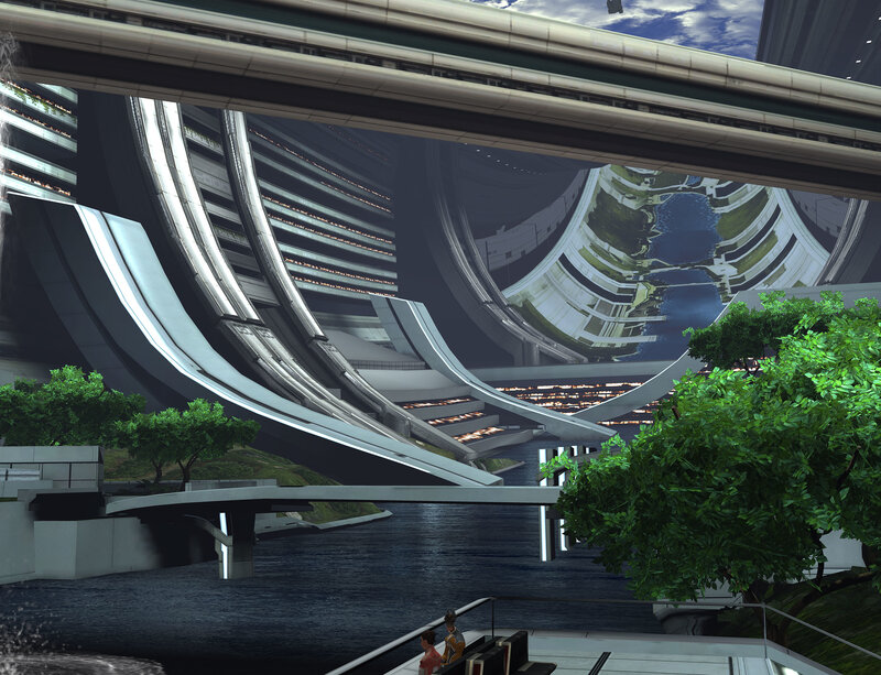 futuristic cityscape with waterway