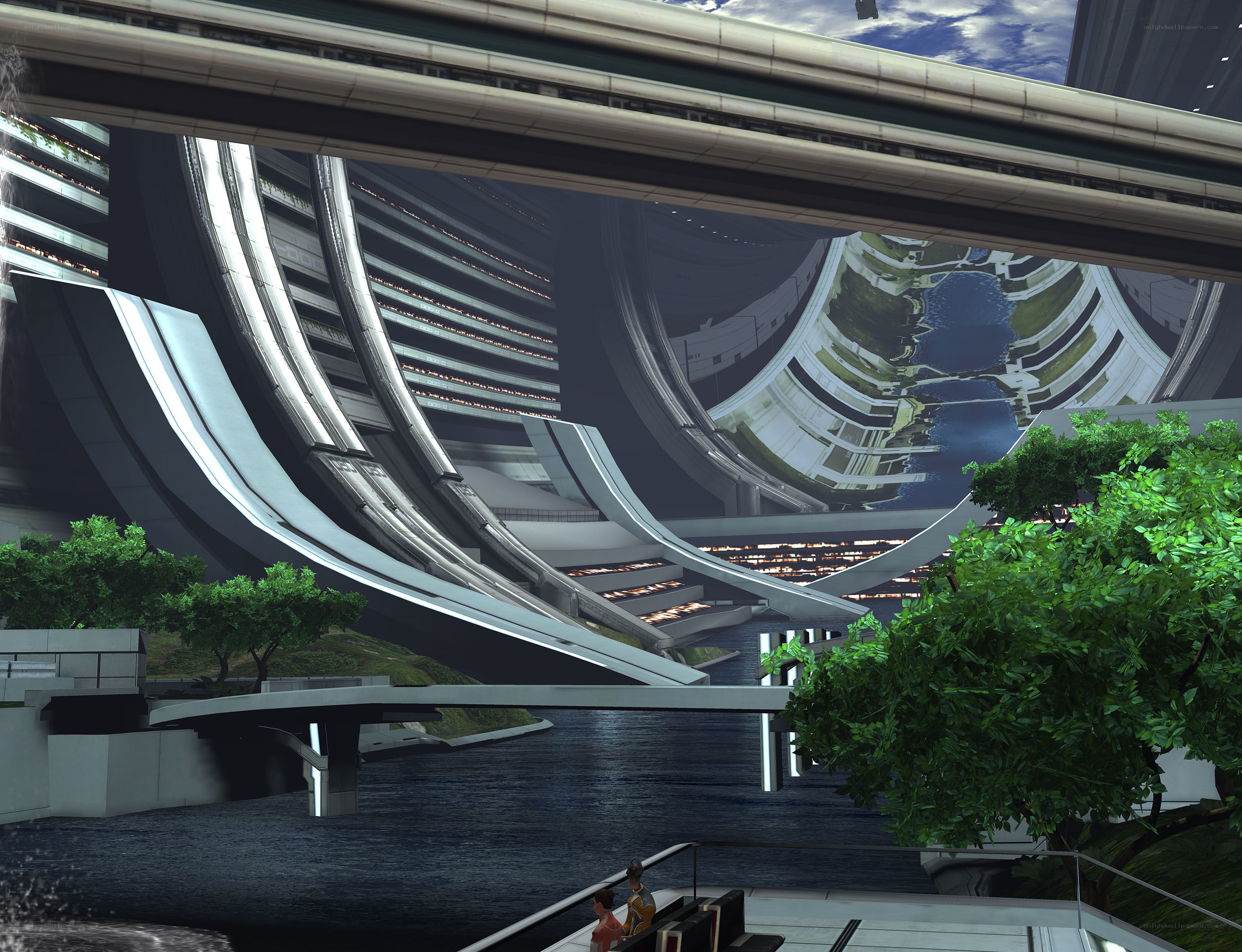 futuristic cityscape with waterway