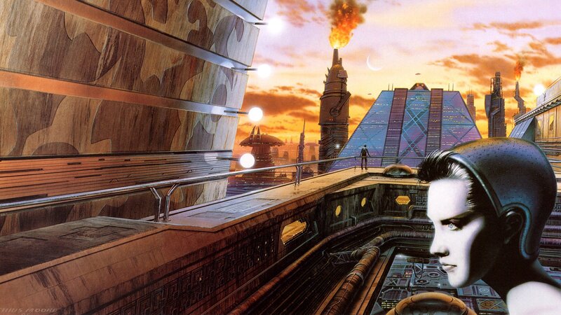 futuristic cityscape with woman