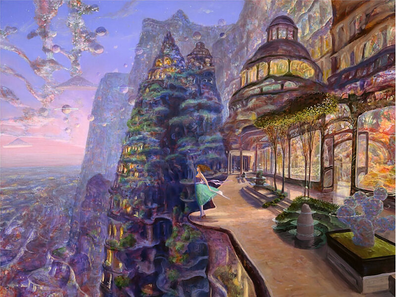 futuristic cityscape with woman