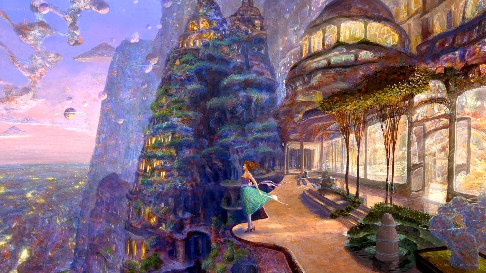 futuristic cityscape with woman