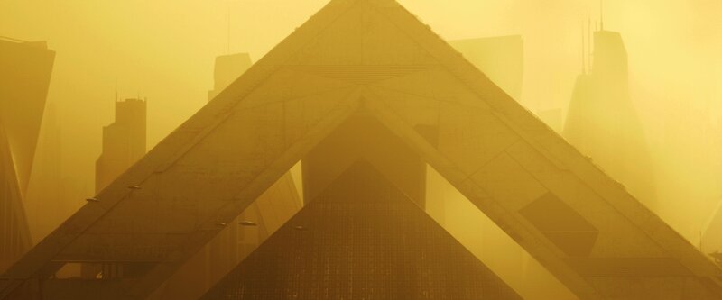 Futuristic Cityscape — Yellow, Atmospheric, Sunset