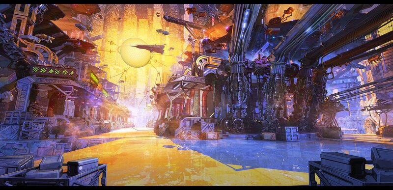 Futuristic Cityscape — Yellow, Dramatic, Night, Digital Art