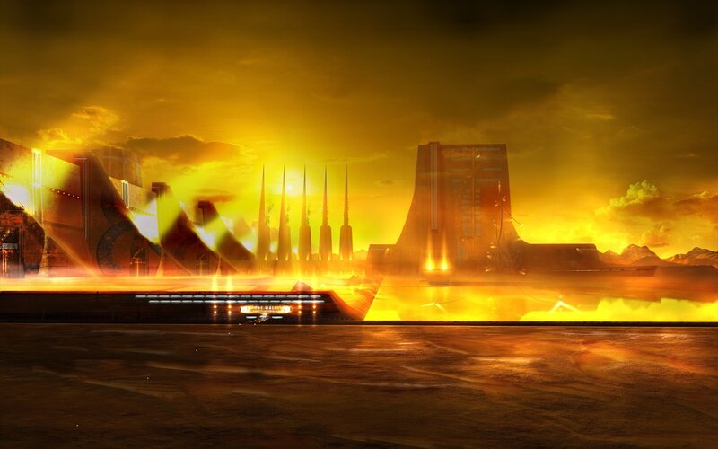 Futuristic Cityscape — Yellow, Dramatic, Sunset, Digital Art, Buildings, Spires, Mountains