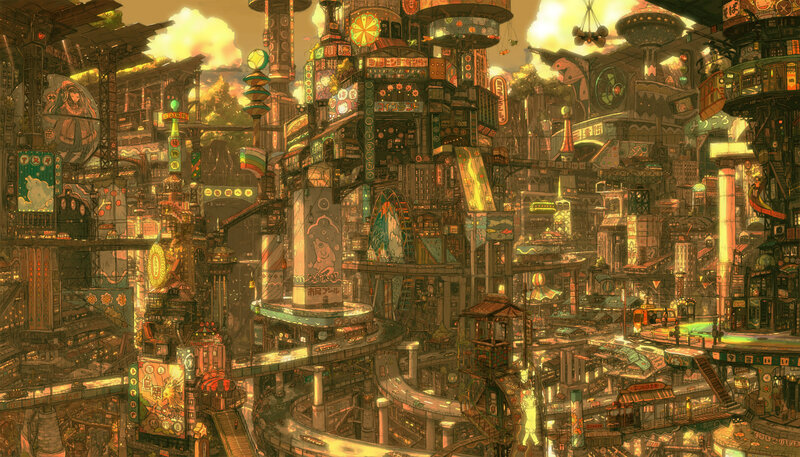 Futuristic Cityscape — Yellow, Dramatic, Sunset, Digital Art, Buildings