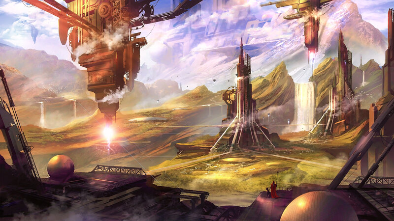 Futuristic Cityscape — Yellow, Dramatic, Sunset, Digital Art, Mountains