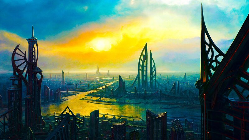 Futuristic Cityscape — Yellow, Dramatic, Sunset, Digital Art, Skyscrapers, River