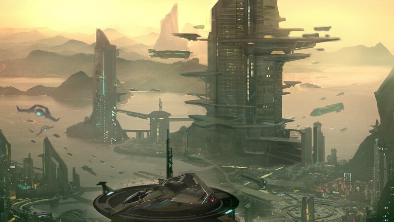 Futuristic Cityscape — Yellow, Dramatic, Sunset, Digital Art