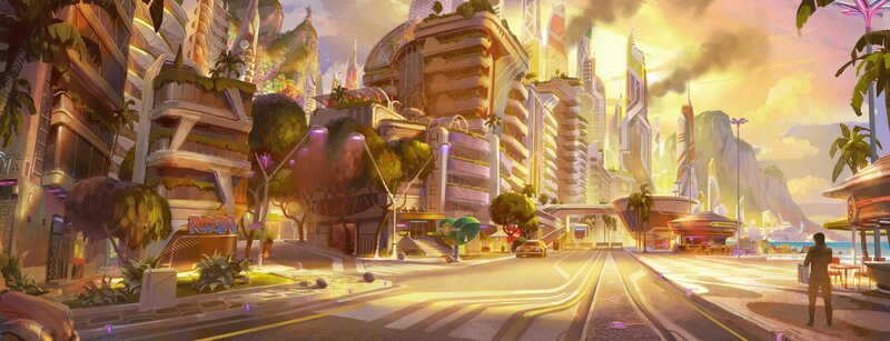 Futuristic Cityscape — Yellow, Serene, Sunset