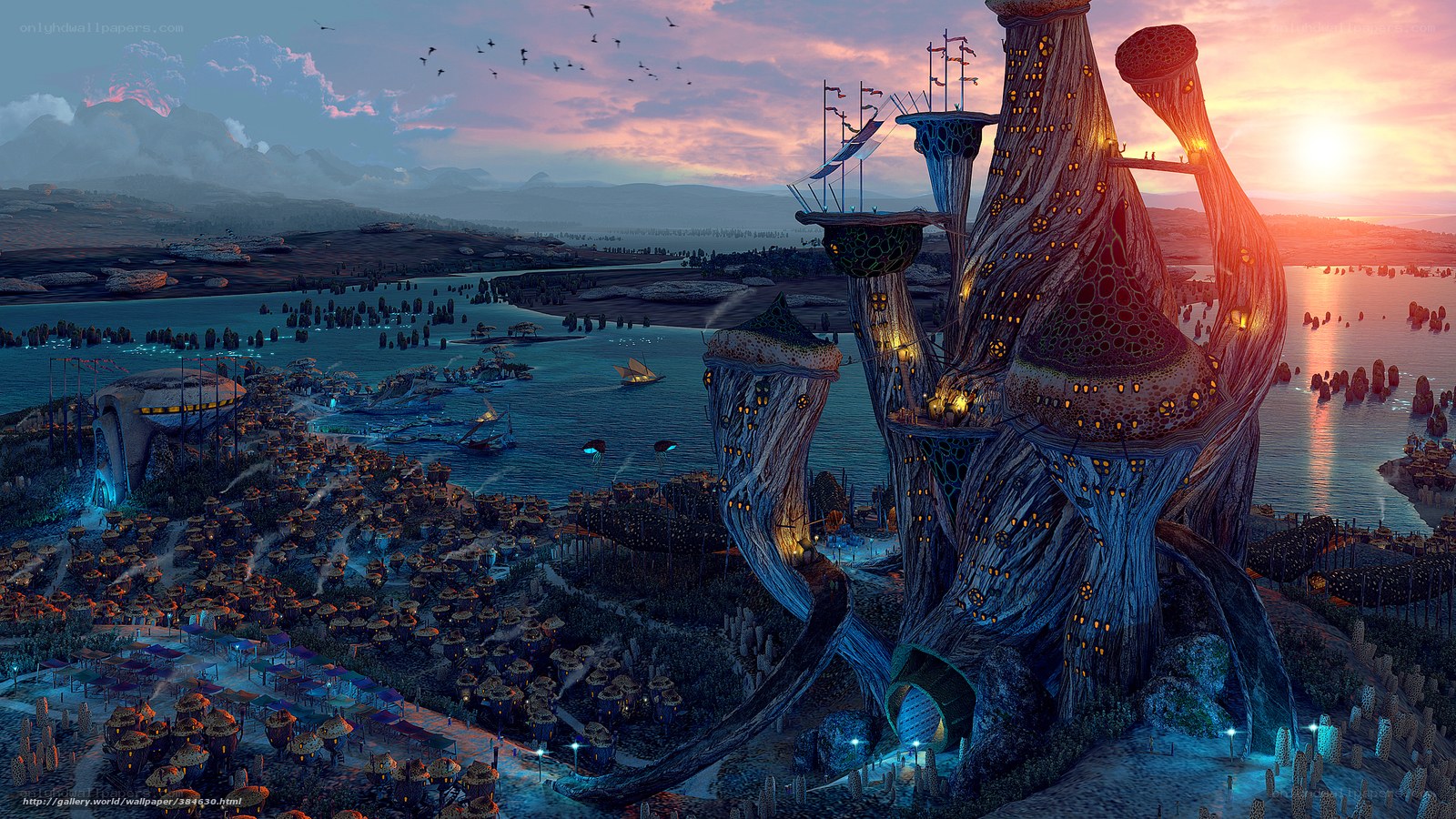 Futuristic coastal city at sunset