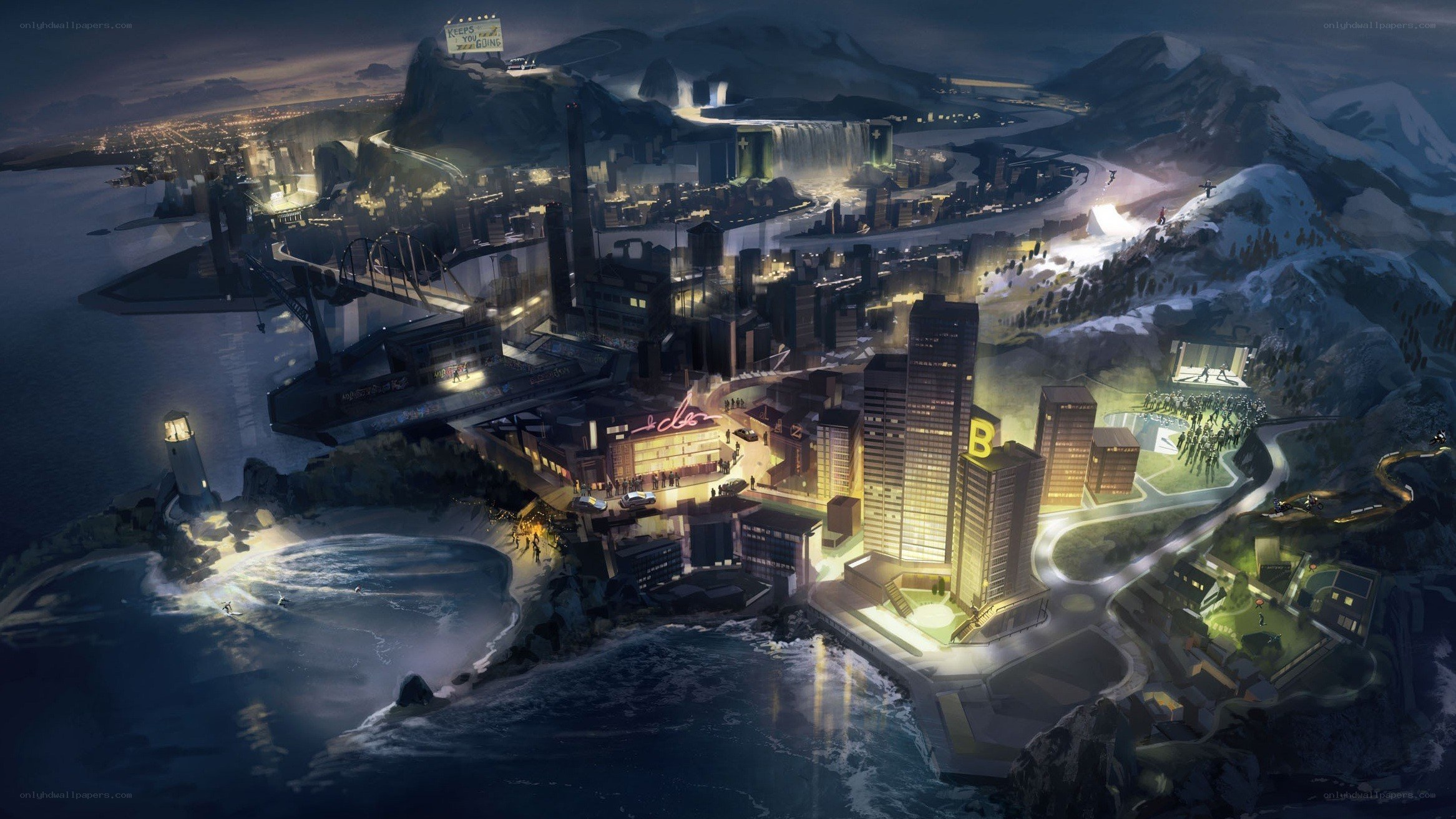 futuristic coastal cityscape