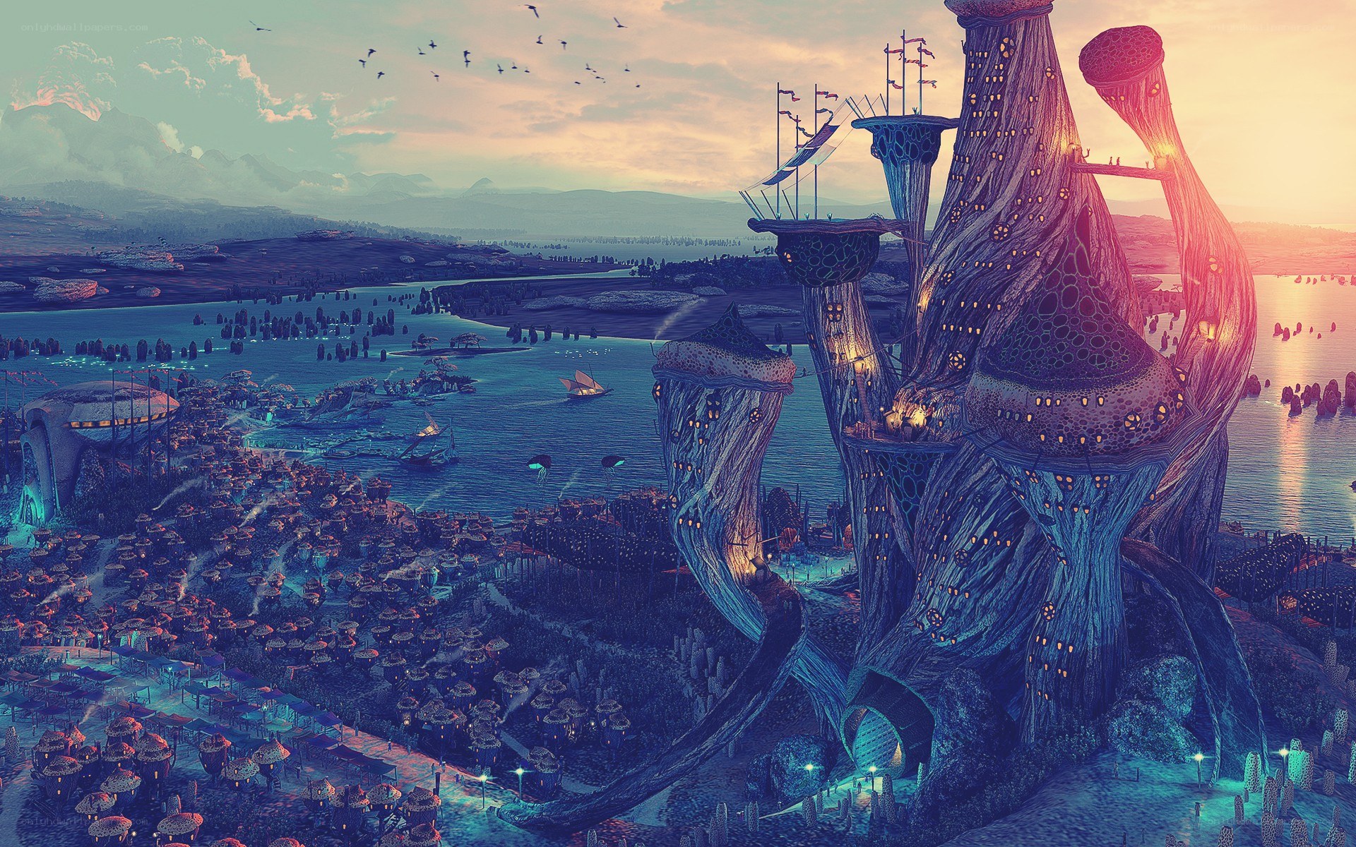 futuristic coastal cityscape