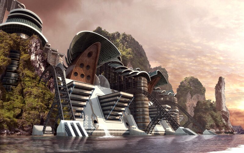 futuristic coastal cityscape