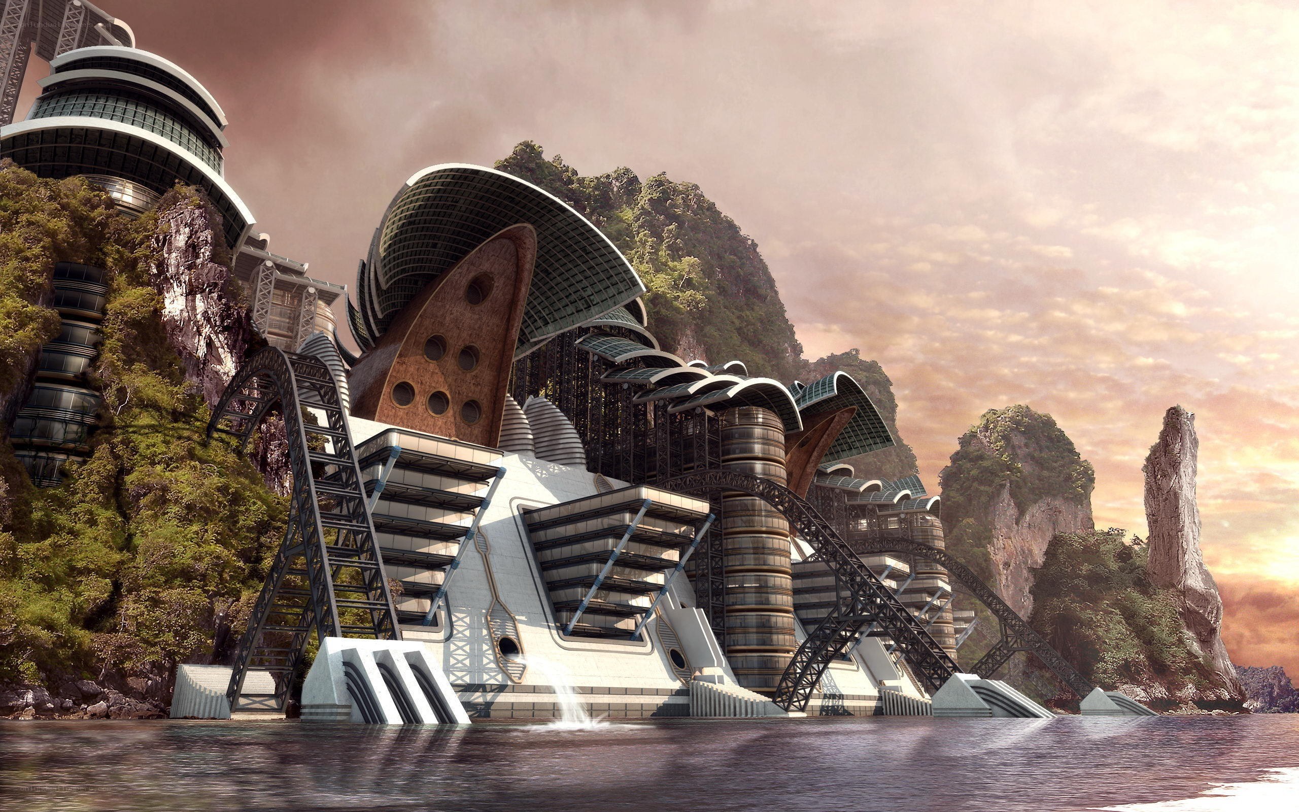 futuristic coastal cityscape