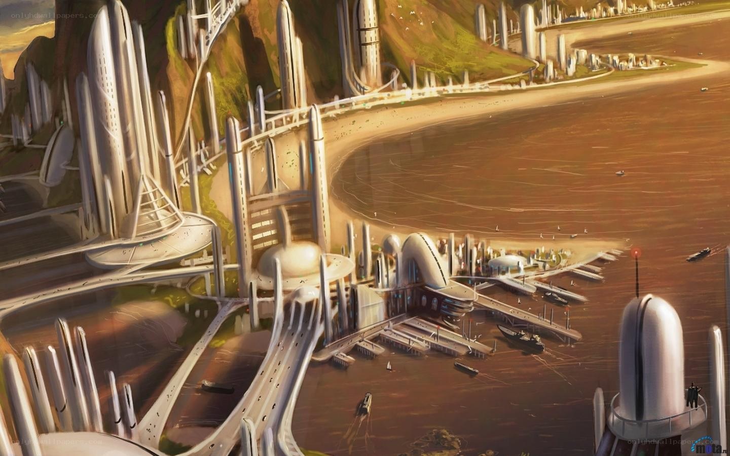 futuristic coastal cityscape