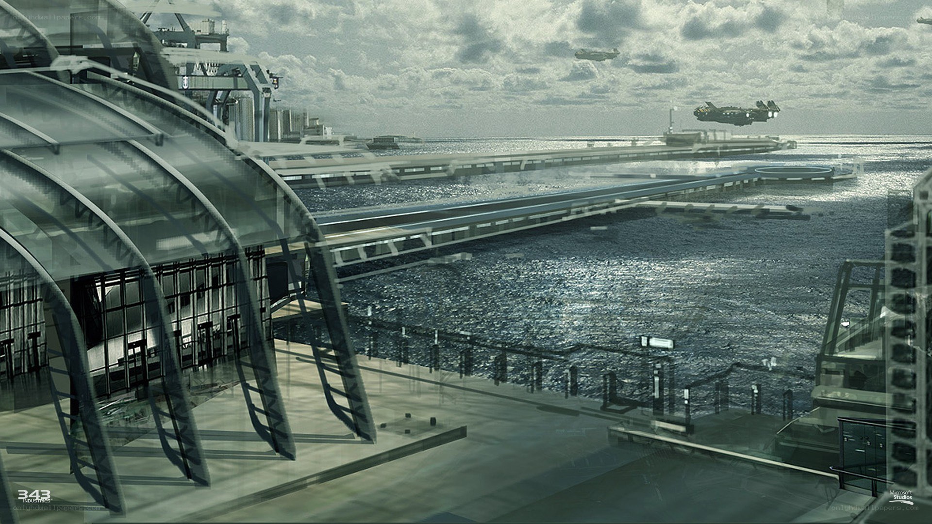 Futuristic coastal cityscape