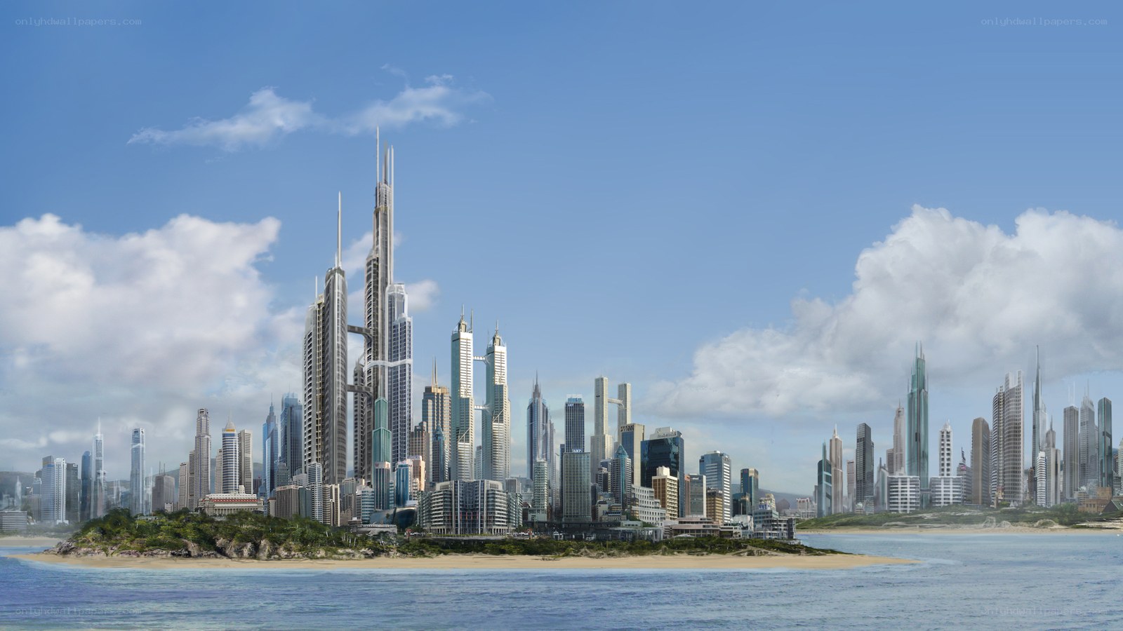 futuristic coastal cityscape