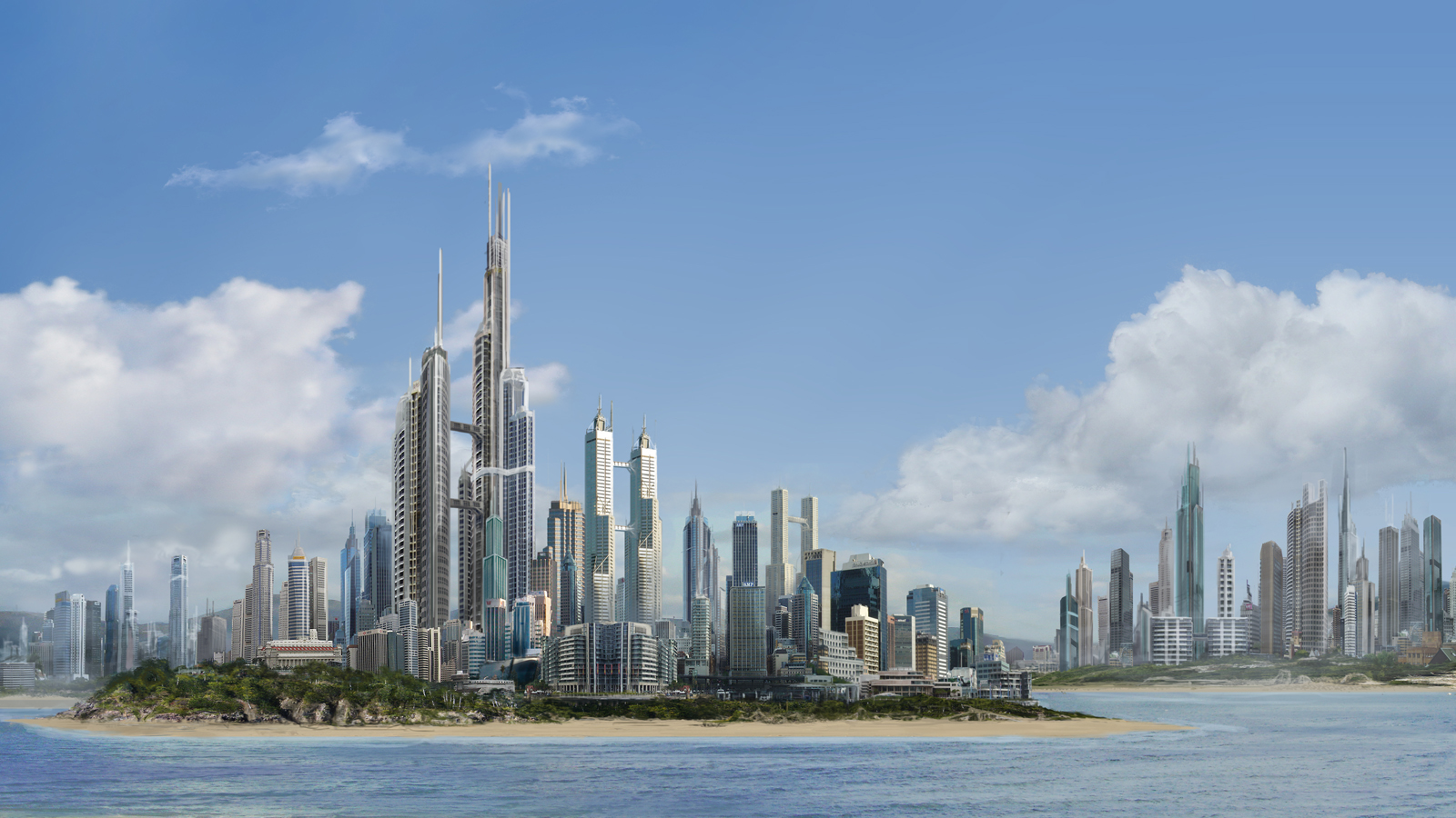 futuristic coastal cityscape