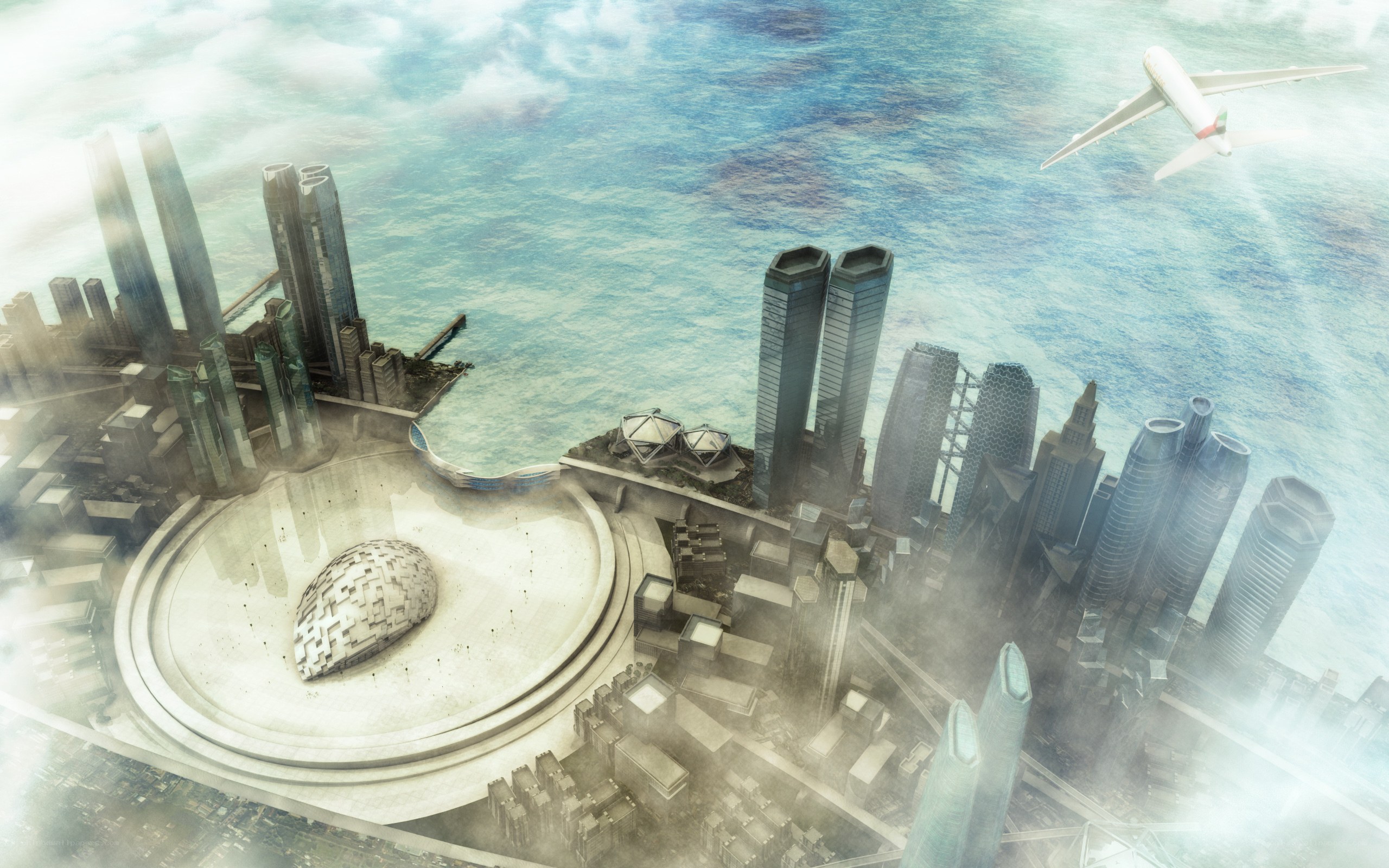 futuristic coastal cityscape