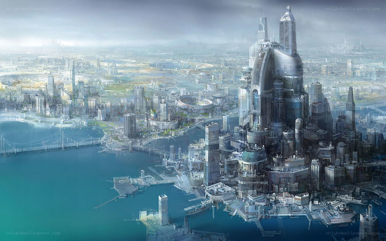 futuristic coastal cityscape