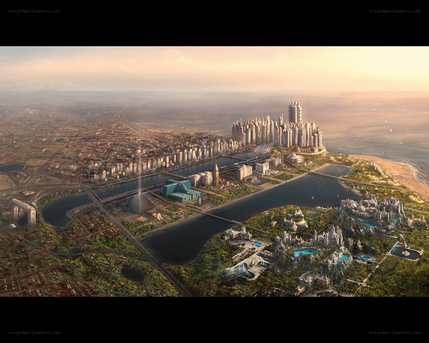 futuristic coastal cityscape