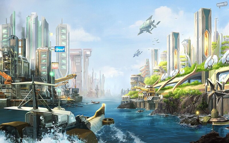 futuristic coastal cityscape