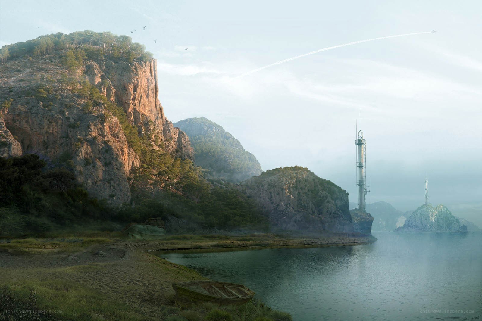 Futuristic coastal landscape