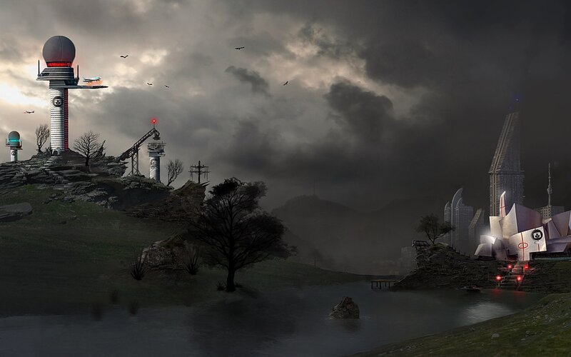 futuristic coastal landscape