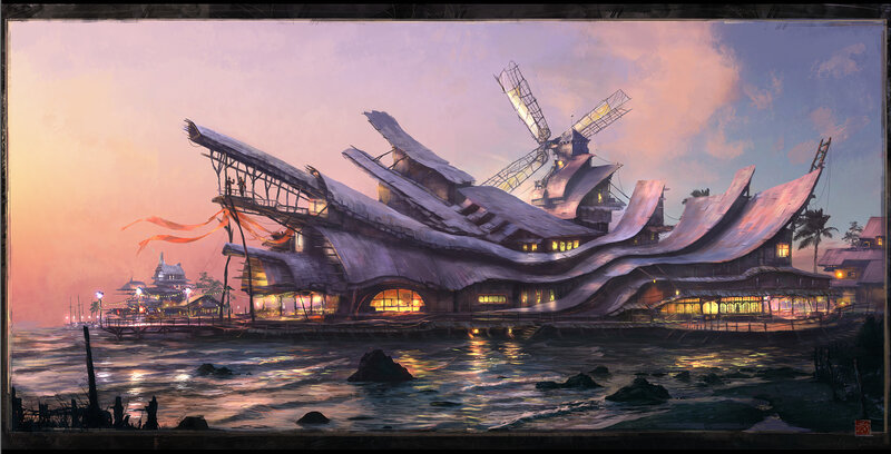 Futuristic coastal village at dusk
