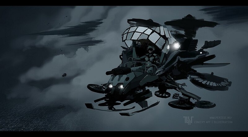 futuristic combat drone in storm