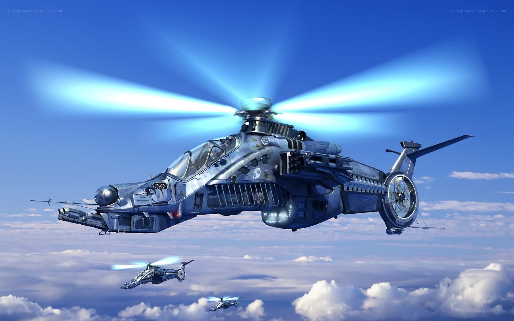 Futuristic combat helicopters in flight
