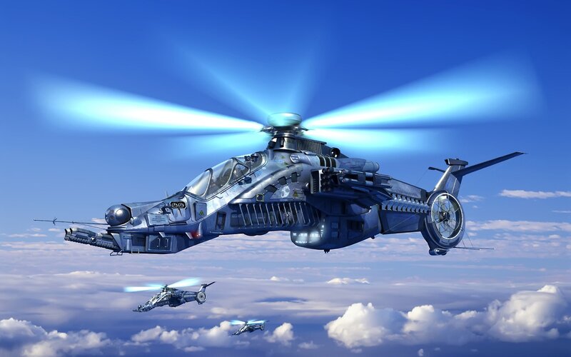 Futuristic combat helicopters in flight