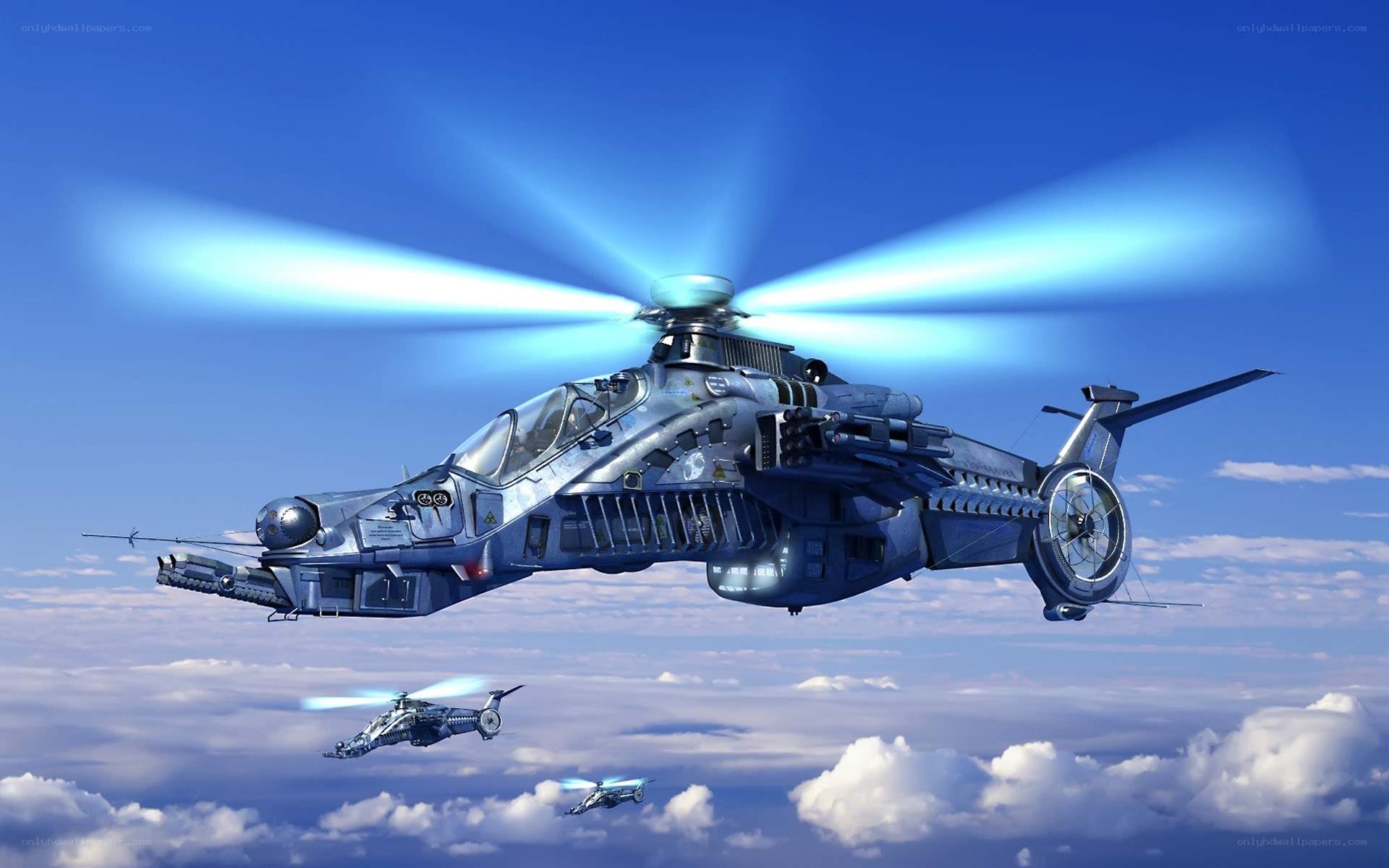 Futuristic combat helicopters in flight