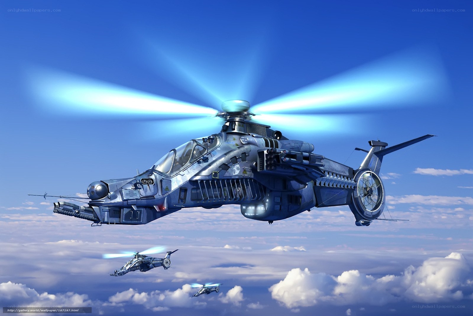Futuristic combat helicopters in flight