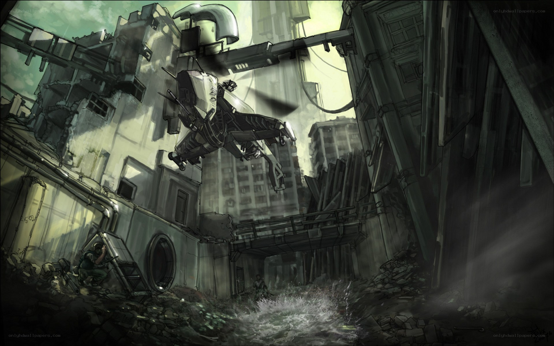 futuristic combat in ruined city