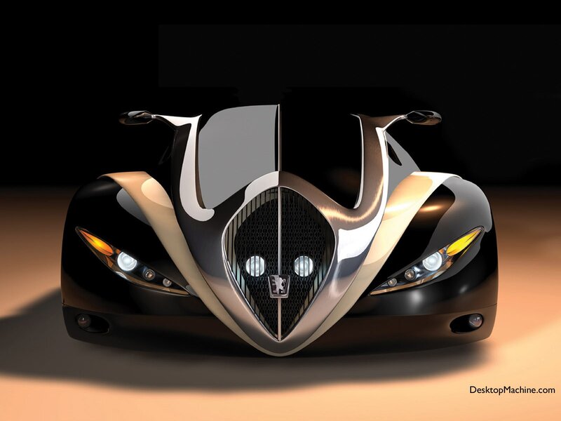 Futuristic Concept Car — Black, Dramatic, 3d Render, Headlights, Grille, Side Mirrors, Silver, Gold