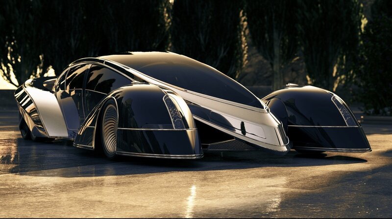 Futuristic Concept Car — Black, Dramatic, Sunset, 3d Render