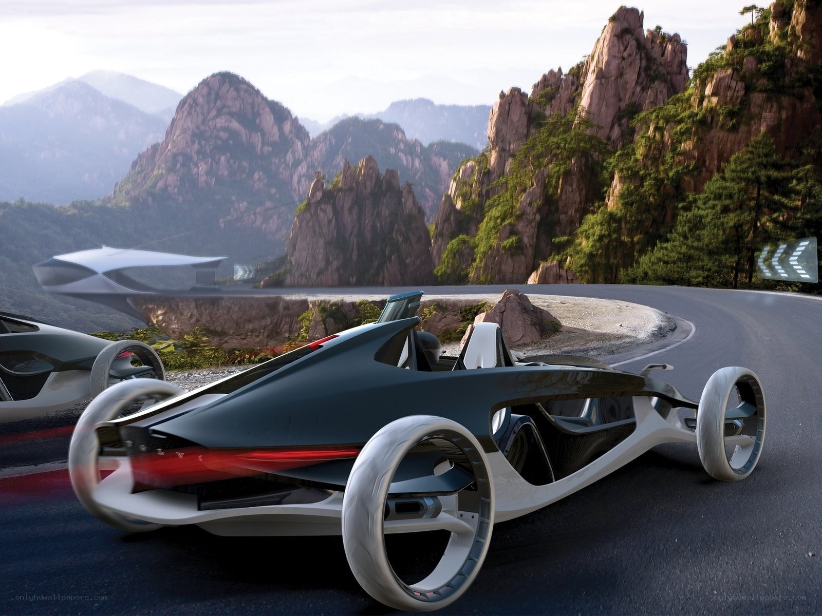 futuristic concept car on mountain road