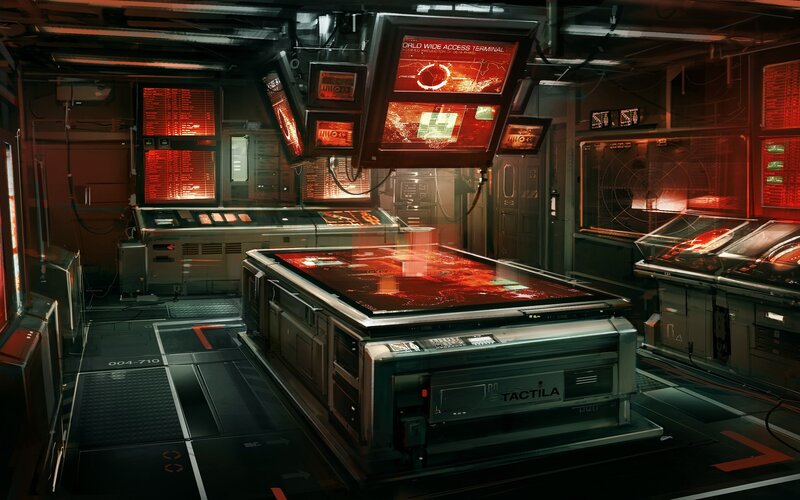 Futuristic Control Room — Black, Dramatic, Digital Art, Control Panels, Holographic Displays, Console Table