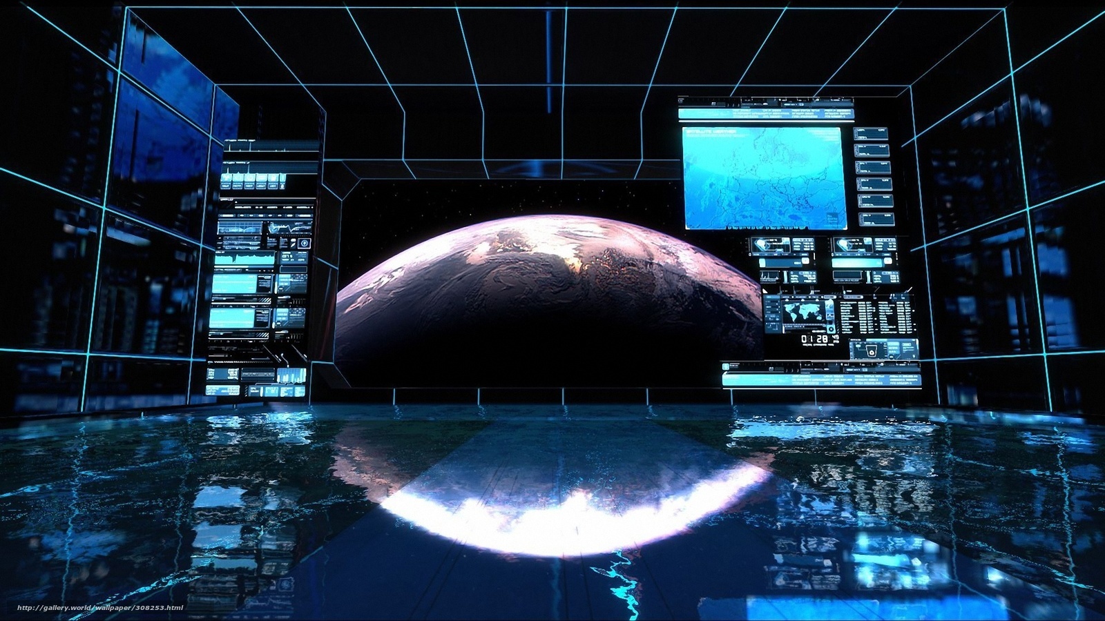 futuristic control room with earth view