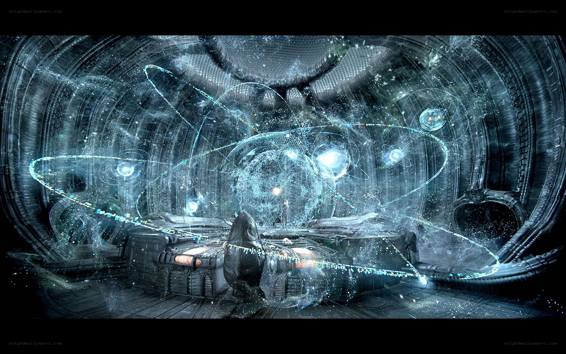 futuristic control room with energy spheres
