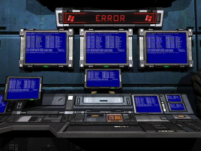 futuristic control room with error screens