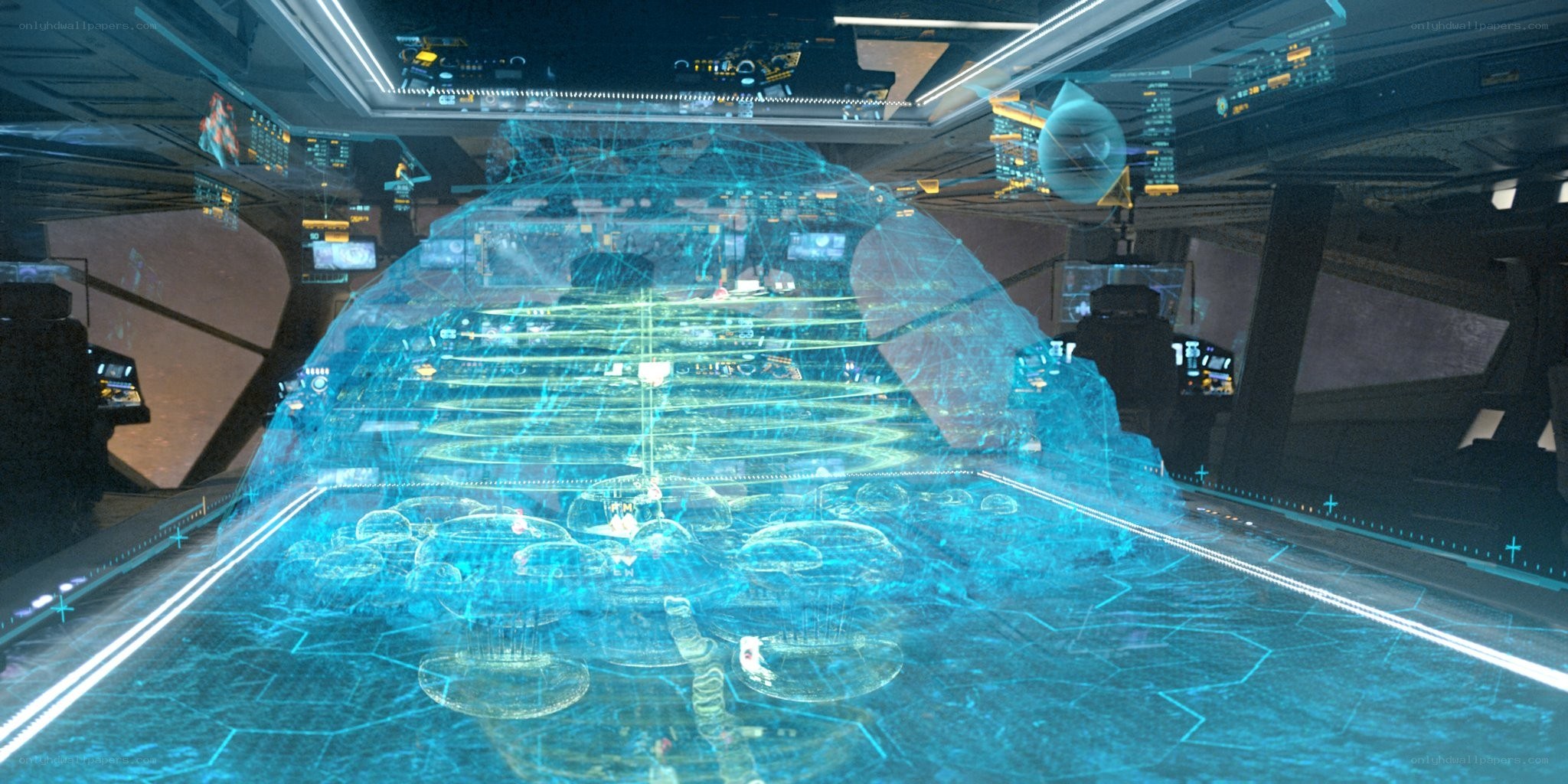 futuristic control room with hologram