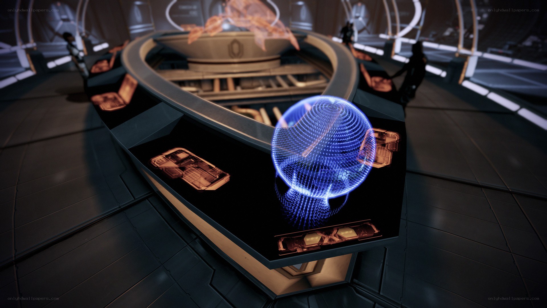 futuristic control room with hologram